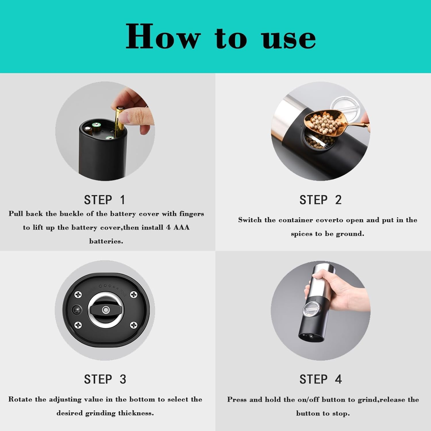 Electric Salt and Pepper Grinder Set, Battery Powered Automatic Pepper Mill, Ceramic Grinder with Adjustable Coarseness, LED Light, and Salt Mill Refillable, One Hand Operation (1 Pack-Silver) image number 3