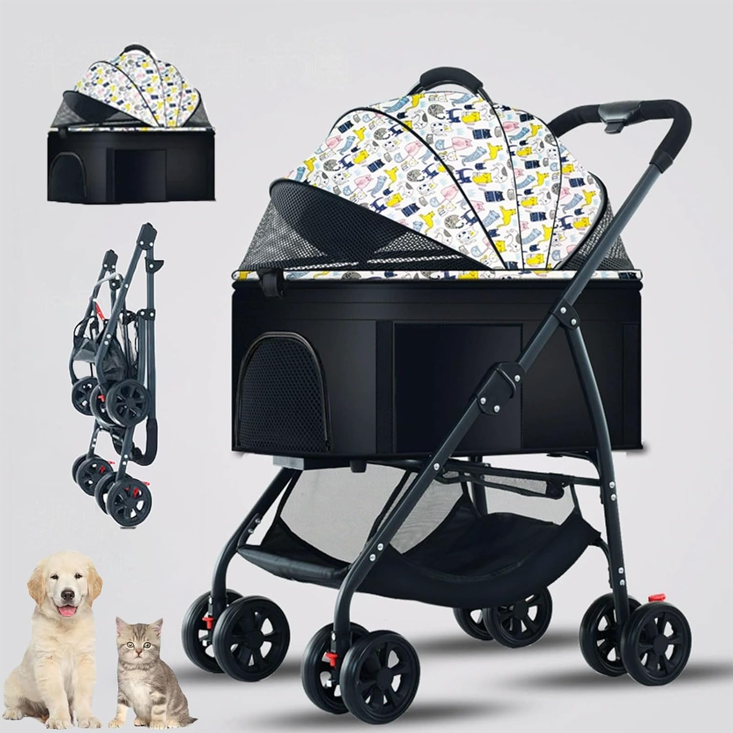 Large Pet Stroller - Dog Cat Carrier Pushchair, Foldable Pram 4 Wheels Black, Detachable Design Baby Pet Stroller, Removable and Washable Padded image number 4