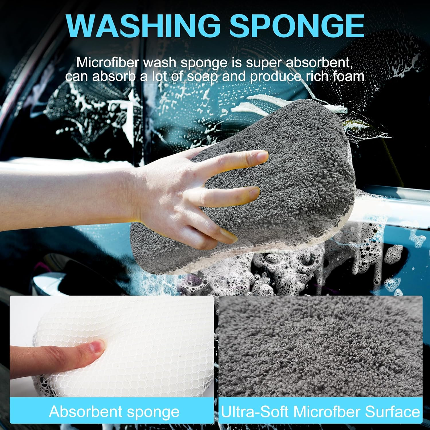 Car Wash Kit, 9Pcs Car Detailing Towel Set with Storage Bag, Auto Cleaning Tools, Microfiber Mitts Drying Towel Waffle Cloths Wheel Brush Waxing Sponge for Interior, Exterior Cleaning (Grey)