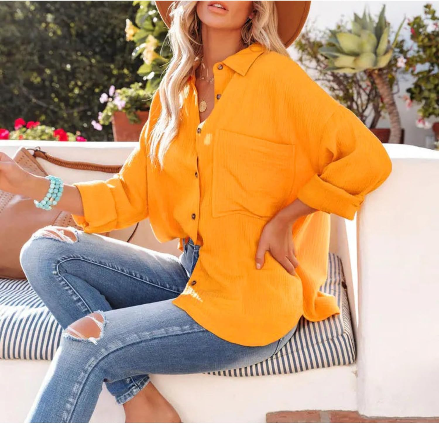 Women'S Beach Wear Long Sleeve Shirt Casual Collared Shirt Loose Blouses Button down Shirts with Front Pocket image number 1