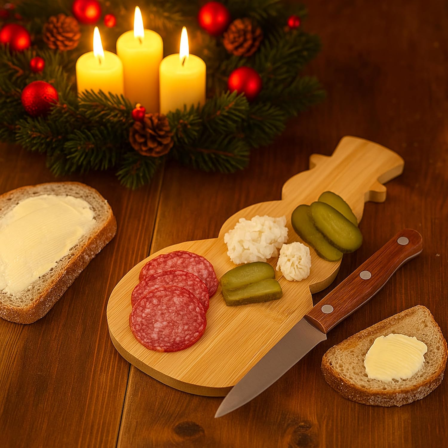 Set of 2 Chopping Boards, Kitchen Boards, Breakfast Board, Bread Plate, Snack Board, Certified According to (EC) No. 1935/2004 in 6 Designs Chicken Pig Cow Christmas Tree Fish Snowman (Snowman) image number 2