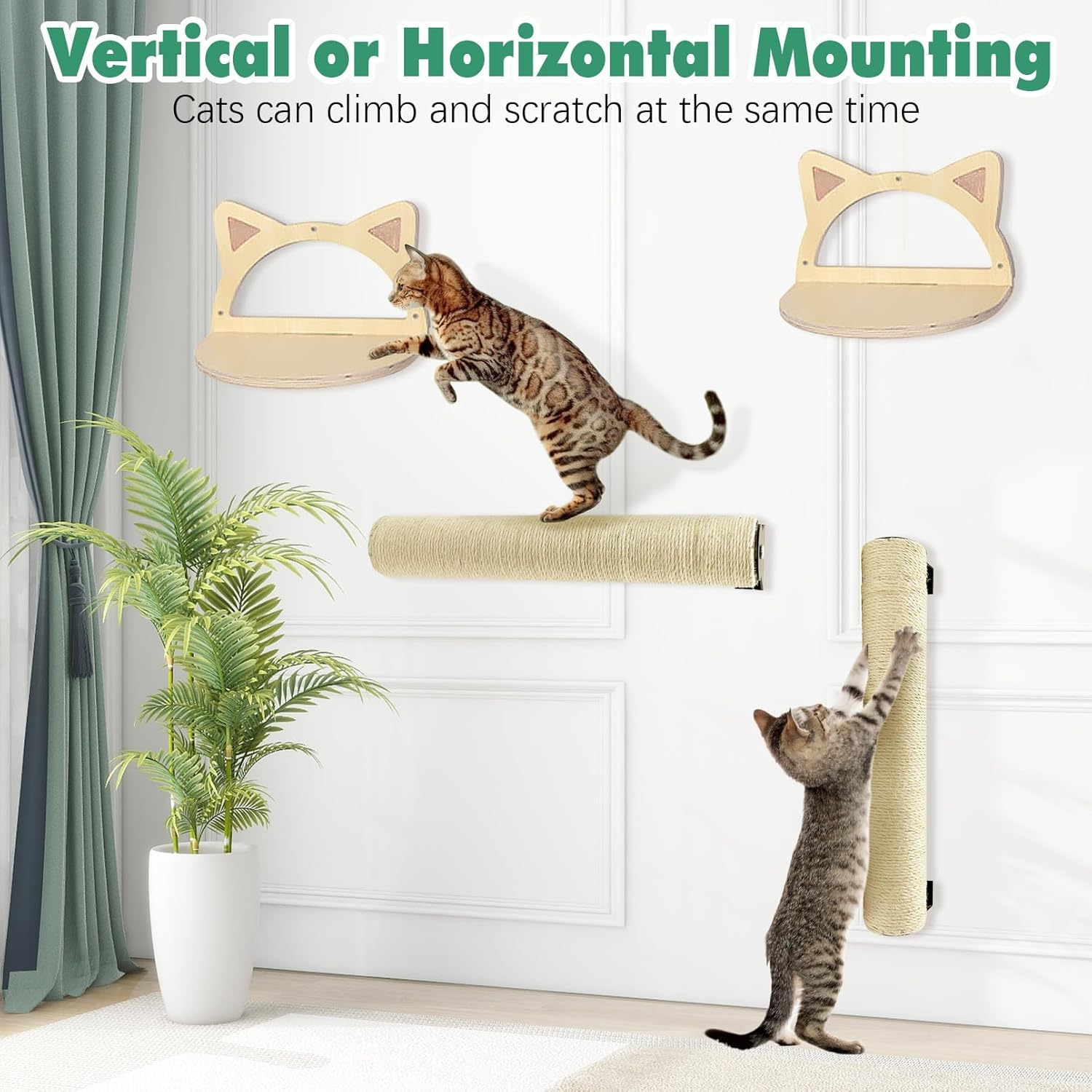 Apatal Wall Mounted Scratching Post for Cats 16 Inches Sisal Rope Cat Wall Scratcher Posts Wall Mount Cat Furniture for Indoor Kittty to Scratch and Climbing with Feather Toys image number 6
