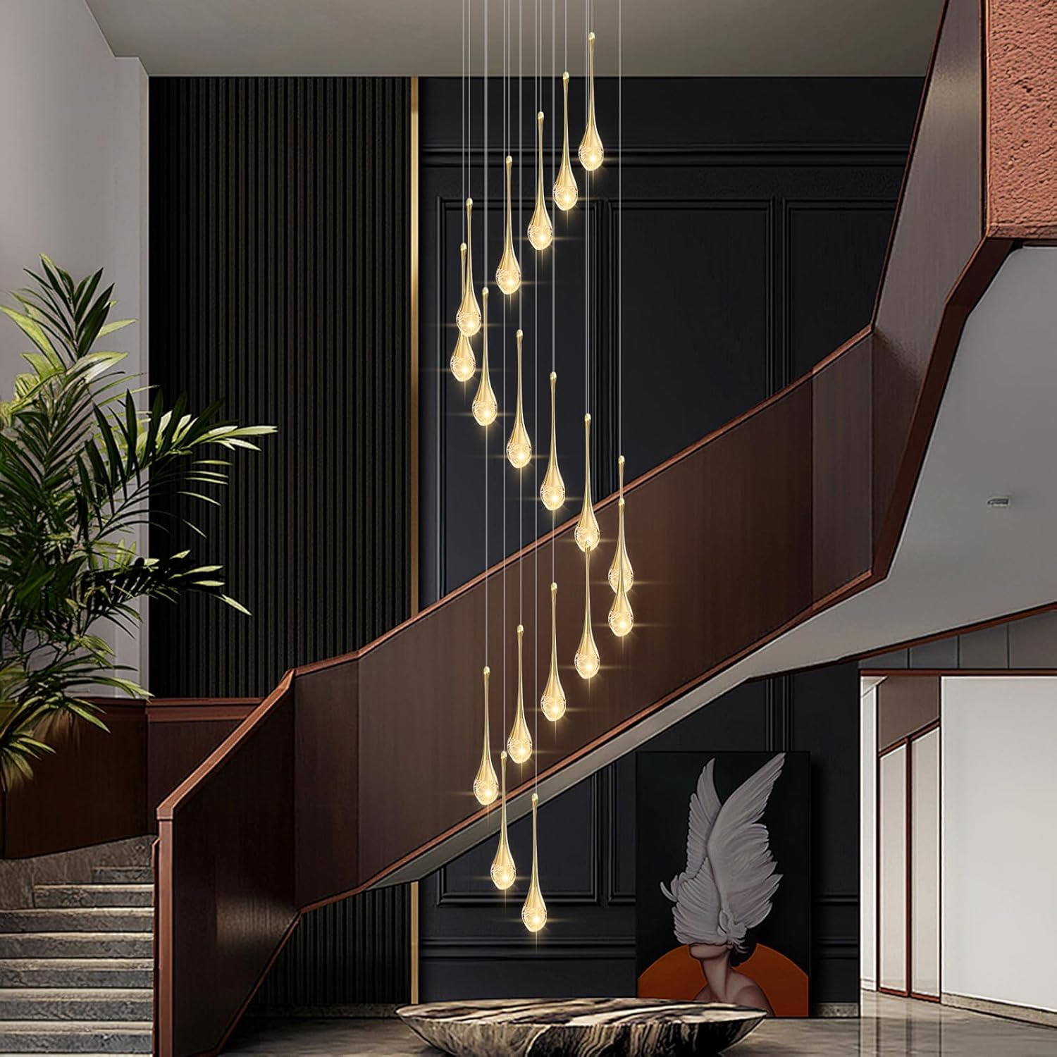 USOR 12-Light High Ceiling Chandeliers LED Modern Gold Crystal Raindrop Chandelier for Staircase Entryway 3 Colors Dimmable Spiral Large Pendant Light Luxury Chandelier for Living Room Lobby Remote