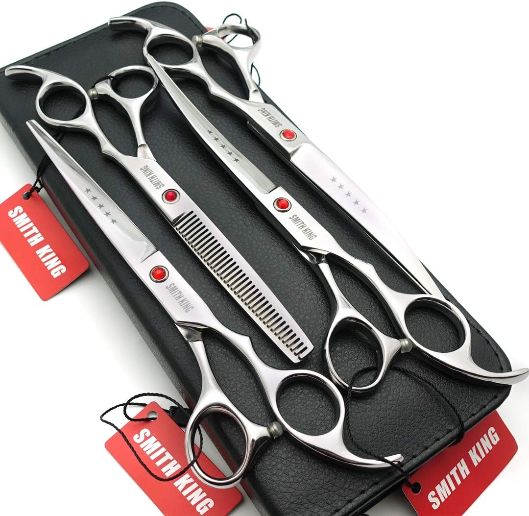 7.0 Inches Professional Dog Grooming Scissors Set Straight & Thinning & Curved 4Pcs in 1 Set (Silver) - Gold,Black image number 2