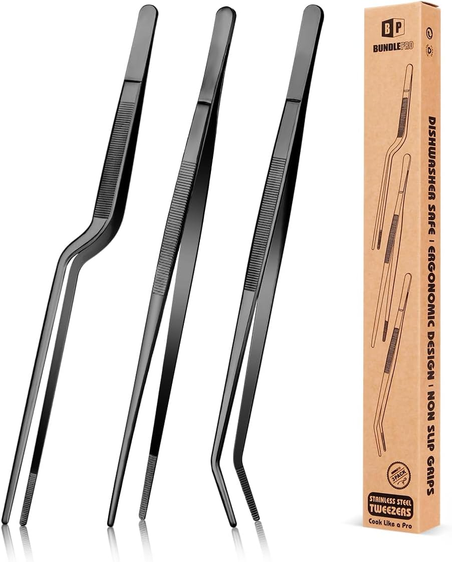 4 Pcs Kitchen Fine Tweezer Tongs, 12'' and 10'' Stainless Steel Food Tweezers Set, Professional Kitchen Long Tweezer for Cooking, Repairing, Sea Food and BBQ (BLACK)
