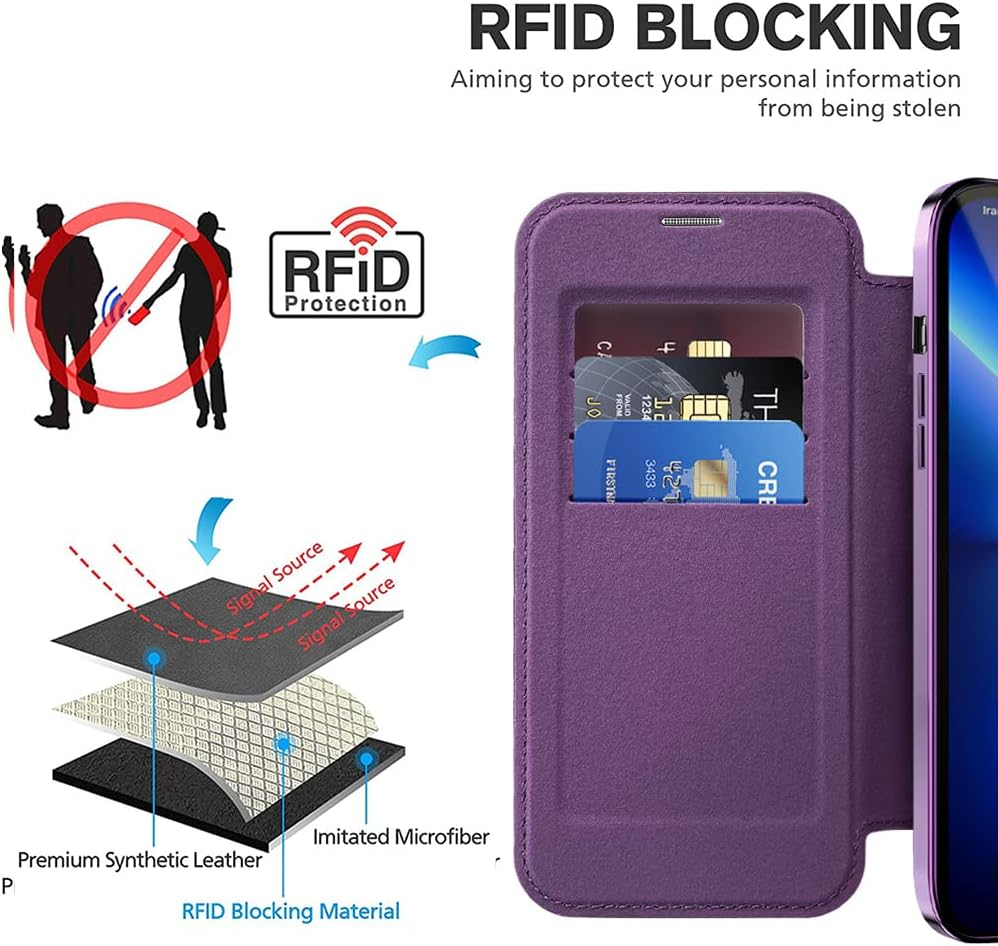 SIYOPINPFY Case for Iphone 13 Pro Max [Compatible with Magsafe] Wallet Flip Case with Card Slot RFID Lock Shockproof Protective Case Back Transparent Mobile Phone Case for Iphone 13 Pro Max, Purple JD image number 2