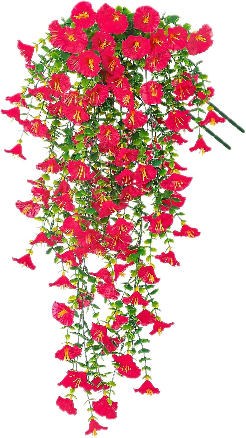 Yimingjin Artificial Fake Hanging Flowers Plants for Spring Decoration, 2PCS Silk Morning Glory Faux Flowers with Eucalyptus Leaves, UV Resistant Trailing Vines Outdoor Home Planter (Red) image number 2
