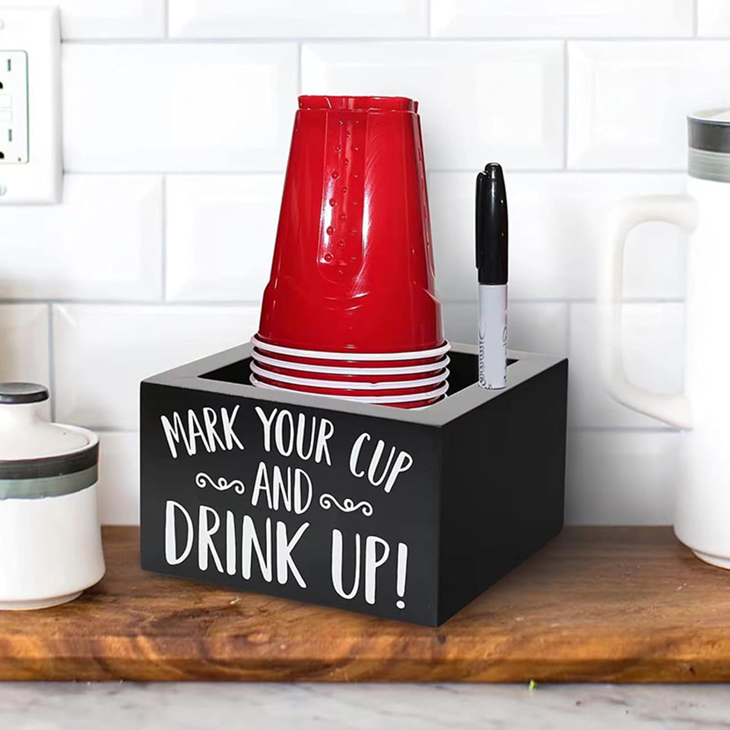 Cup Holder with Marker Slot, Black Wood Disposable Cup Holder, Mark Your Cup and Drink up Plastic Cup Organizer Drink Dispenser for Wedding Party Kitchen Decor image number 1