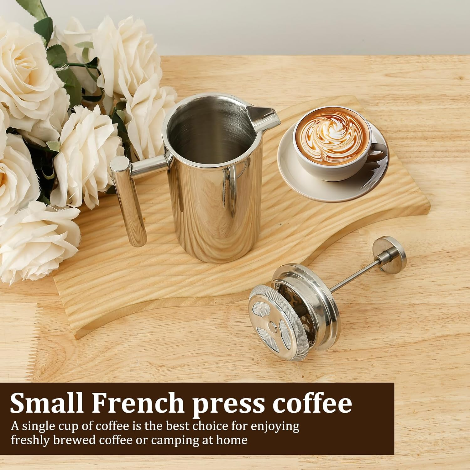 French Press Coffee Maker, 350ML Effortless to Clean Premium 304 Stainless Steel Coffee Press Pot with Our Reusable Stainless Steel Filter, Rustproof, for Cappuccino Latte Mocha Silver image number 1