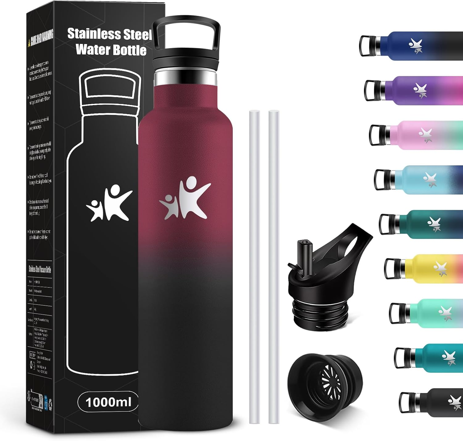 Kollykolla Stainless Steel Drinking Bottle, 1 Litre, Leak-Proof Water Bottle with Straw, Suitable for Carbonated Drinks, Vacuum Thermos Flask, Bpa-Free, Water Bottle for Adults, Sports, Fitness, Gym image number 2