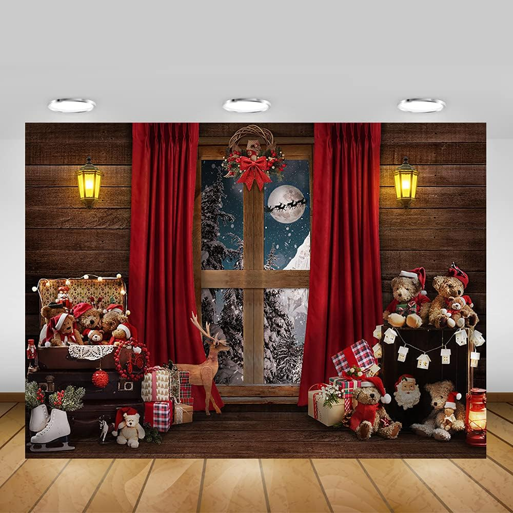 Mocsicka Christmas Window Backdrop Santa Gifts Bear Christmas Window Decorations for Baby Family Kids Indoor Xmas Tree New Year Holiday Photography Background (7X5Ft (82X60 Inch)) image number 5