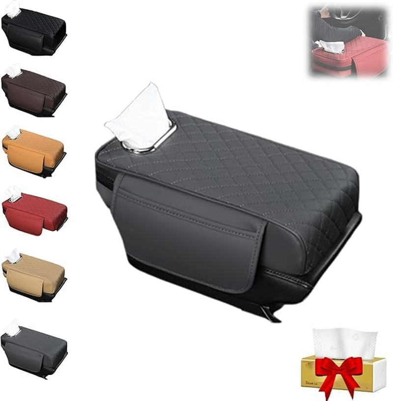 Car Console Armrest Pad with Tissue Box,Car Center Console Cushion with Pocket and Tissue Box,Universal Waterproof Leather Auto Armrest Seat Box Protector,Car Armrest Cover for SUV, Truck (Khaki)