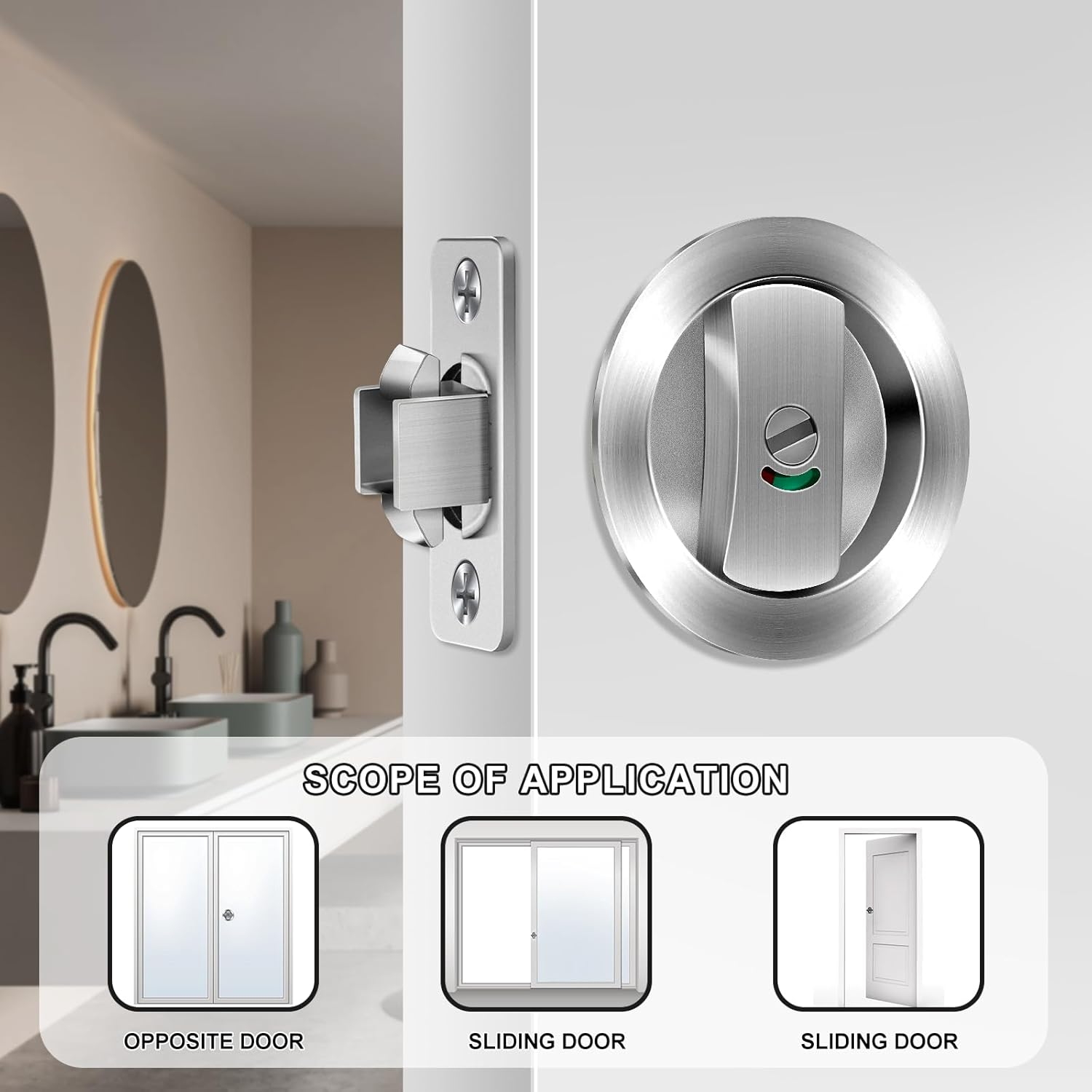 Round Pocket Door Lock Set Thickened Zinc Alloy Sliding Pocket Door Lock Hardware Kit Brushed Silver Pocket Doors Latch for Bathroom Sliding Doors (Ritz Silver (Round Double Hook)) image number 4