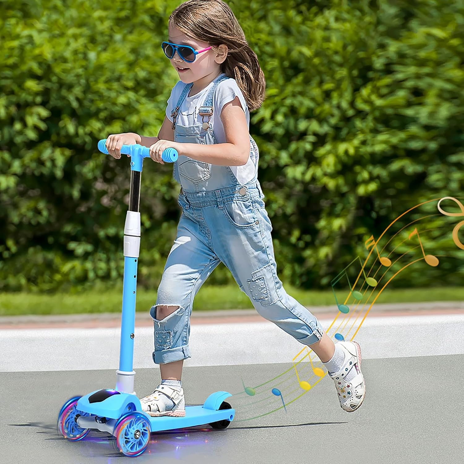 Bopeep 3 Wheeled Scooter for Kids, 3 Wheels Foldable Kick Scooter with Flashing LED Lights for Boys Girls, Lean to Steer，3 Levels Height Adjustable Scooter, 3-6 Years Old, Toddler Scooter Music