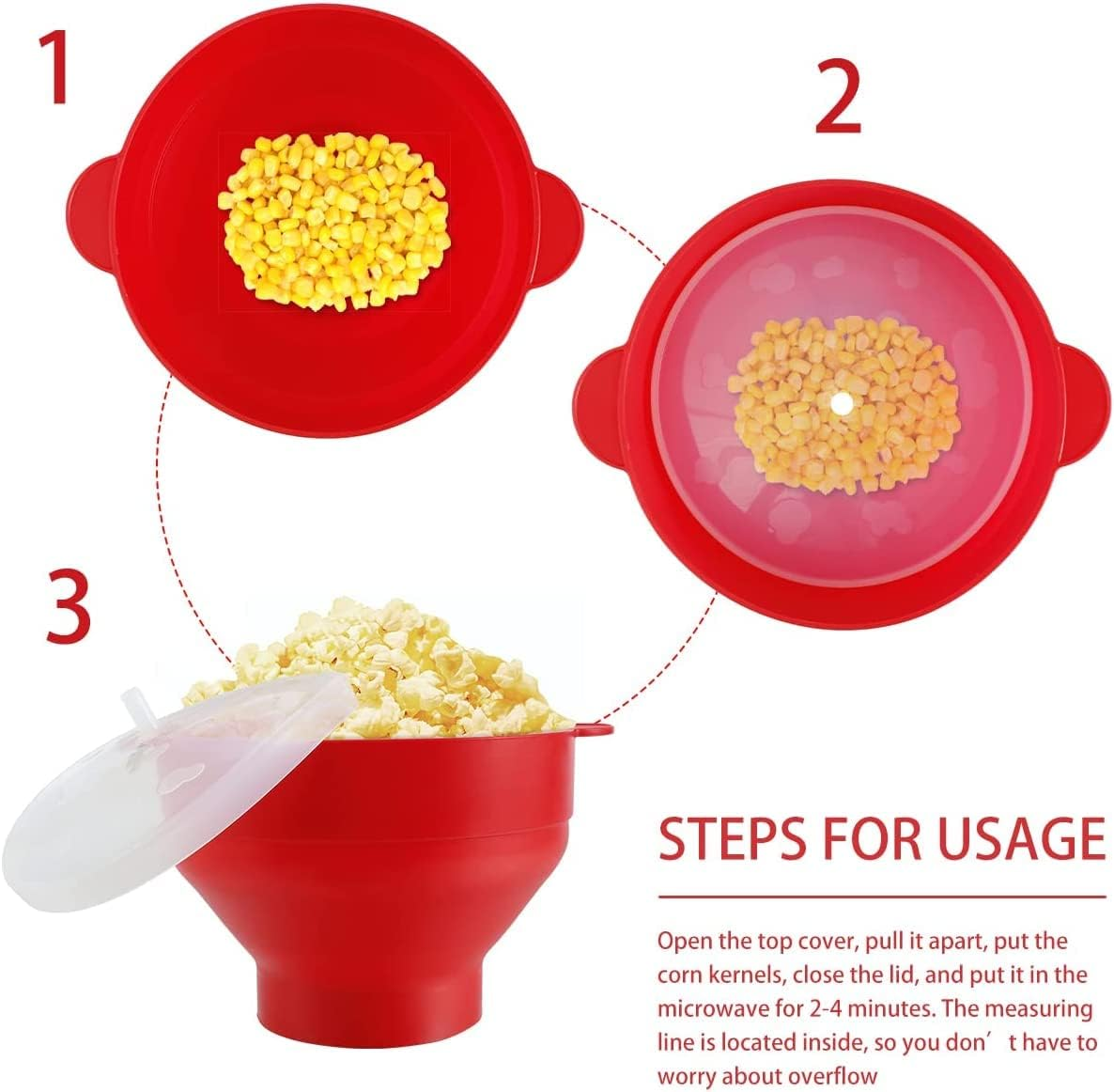 Silicone Popcorn Maker, Collapsible Popcorn Bowl with Lid and Handle, Dishwasher Safe Silicone Bucket, Heated Popcorn Maker, BPA Free, Great for Parties and Movie Nights (Red) image number 6
