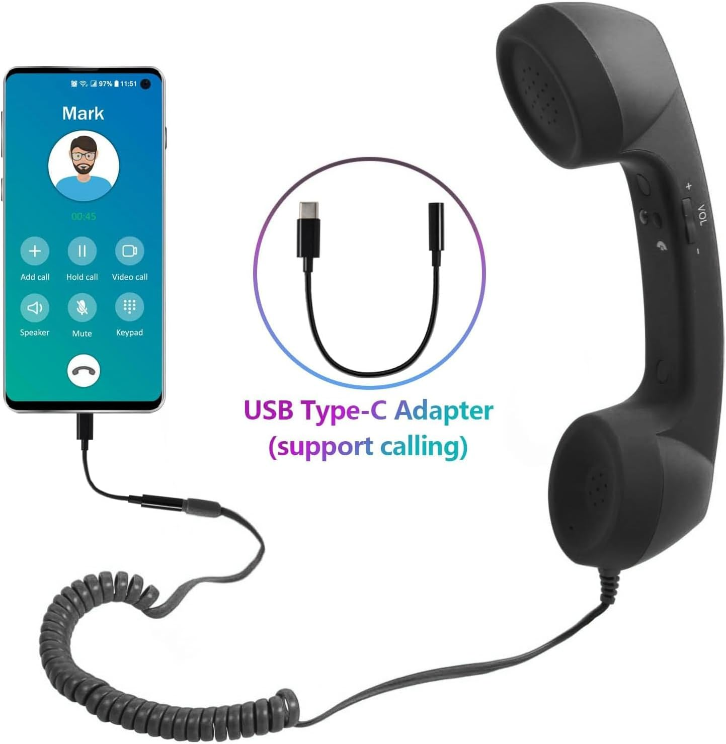 Jectse Vintage Telephone Handset, Reduce Radiation, Excellent Quality, Easy to Use, Suitable for Smartphones with 3.5Mm Jack and USB C, Retro Design (Black)