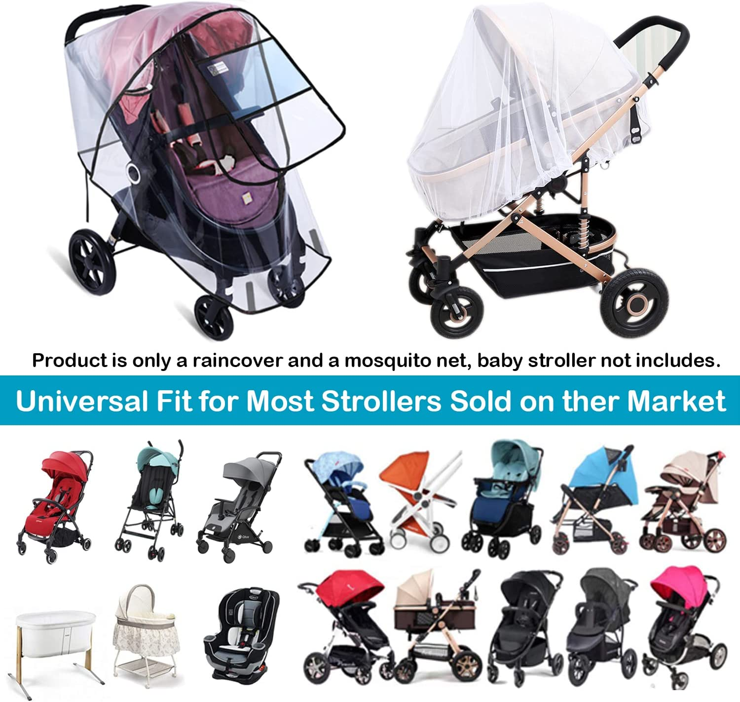 Stroller Rain Cover + Baby Stroller Mosquito Net (2Pcs), Universal Stroller Accessory Waterproof Windproof Baby Travel Weather Shield with Air Vents Prevent Rain Snow Dust Sun Toddler Stroller Outdoor image number 2