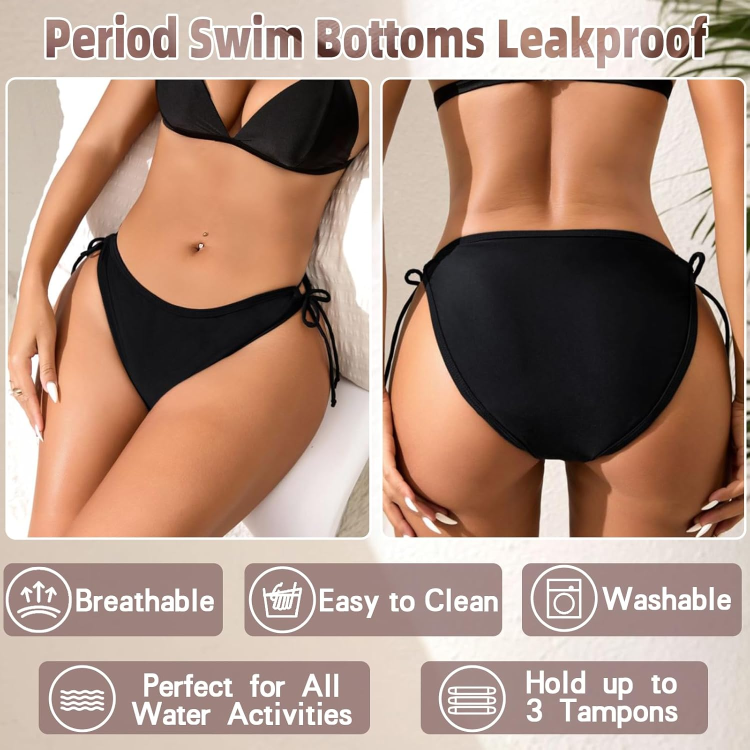 4-Layer Leakproof Period Swimwear for Teens, Girls & Women | High Elasticity Swim Bottoms | Comfortable, Secure Black Swimwear for Swimming image number 3