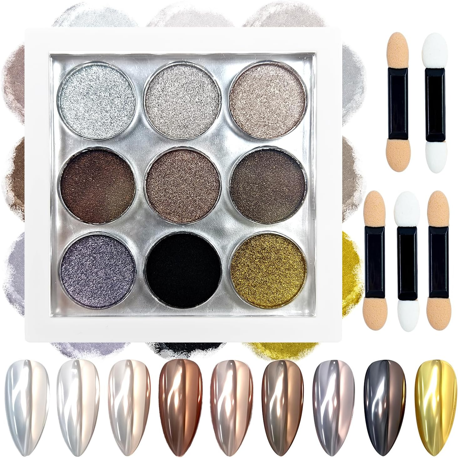 MKNZOME 9 Colors Chrome Nail Powder Palette, Black Gold Brown Silver Metallic Mirror Holographic Powder for Nails, Fine Glitter Nail Art Decoration for Home DIY Salon Manicure Pigment, D