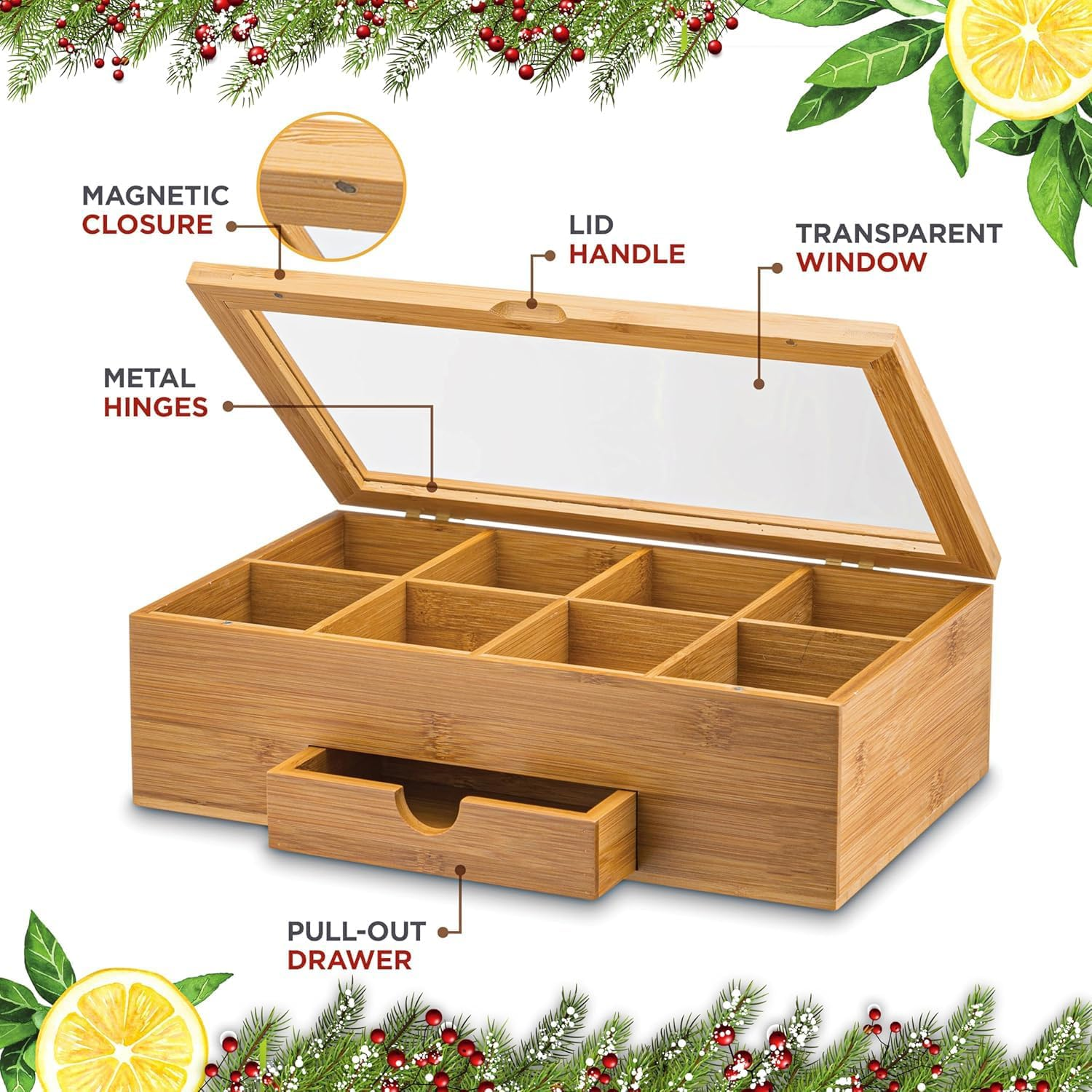 Tea Bag Organizer - Bamboo Tea Box Organizer Storage Box, Tea Bag Holder with Drawer & Acrylic Window, Magnetic Lid Keeps Tea Bags Fresh - Tea Organizer Caddy (Tea Not Included) image number 4