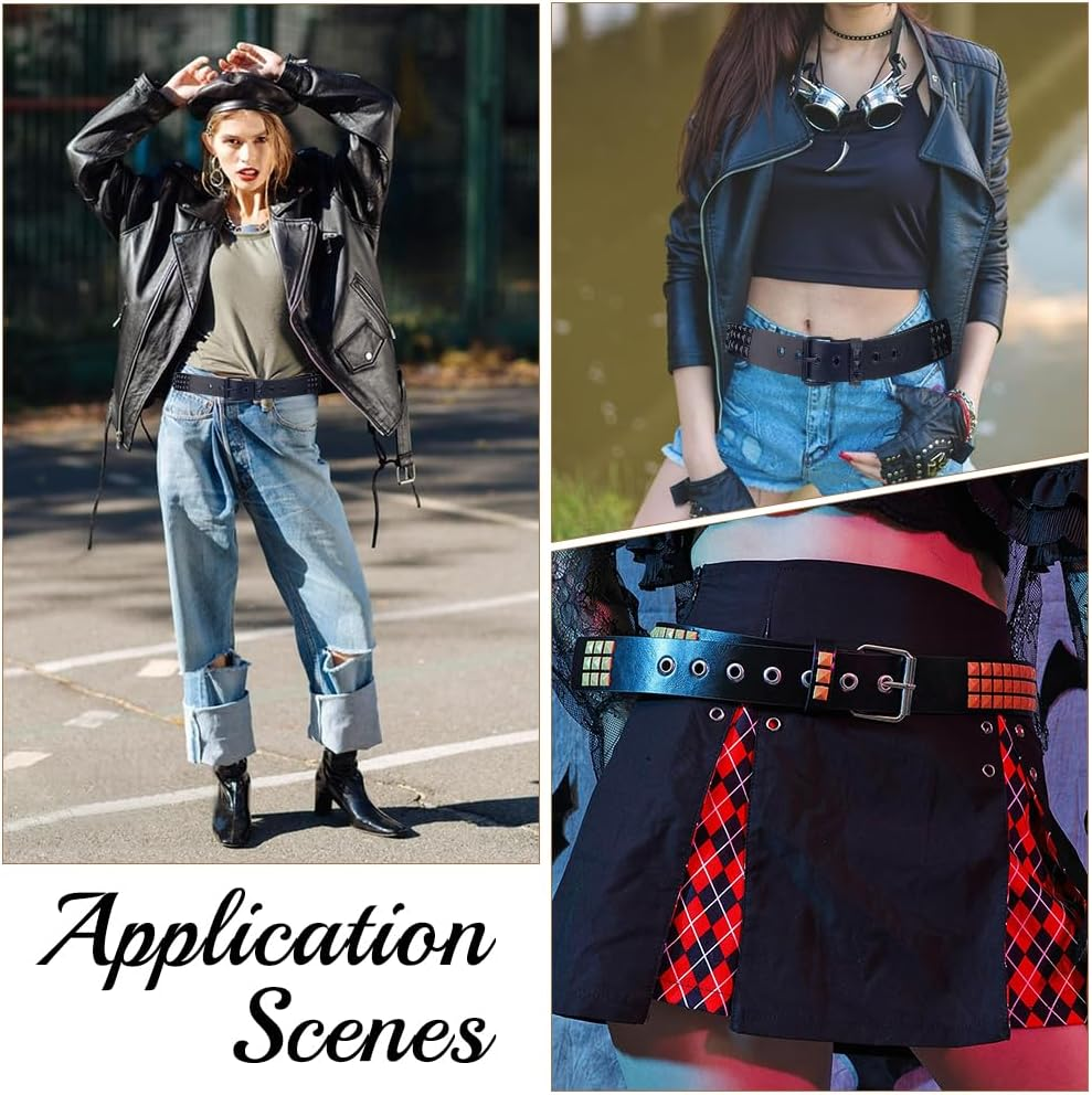 GORGECRAFT Black PU Leather Studded Rivet Belt 44.4 X 2 Inch Gothic Punk Rock Bright Metal Alloy Pyramid Studs Grommet Threads Belts, Black image number 3