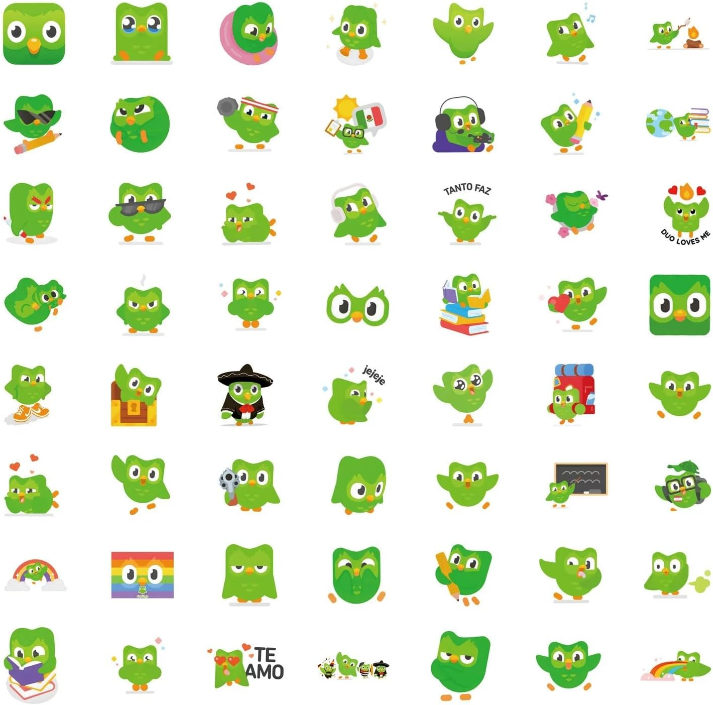 50 Pieces Duolingo Owl Stickers for Water Bottle|Vinyl Waterproof Decals for Laptop Skateboard Phone Car Decals for Teens Adults for Party Favors Supplies Decor (Cartoon Language Practice Stickers)
