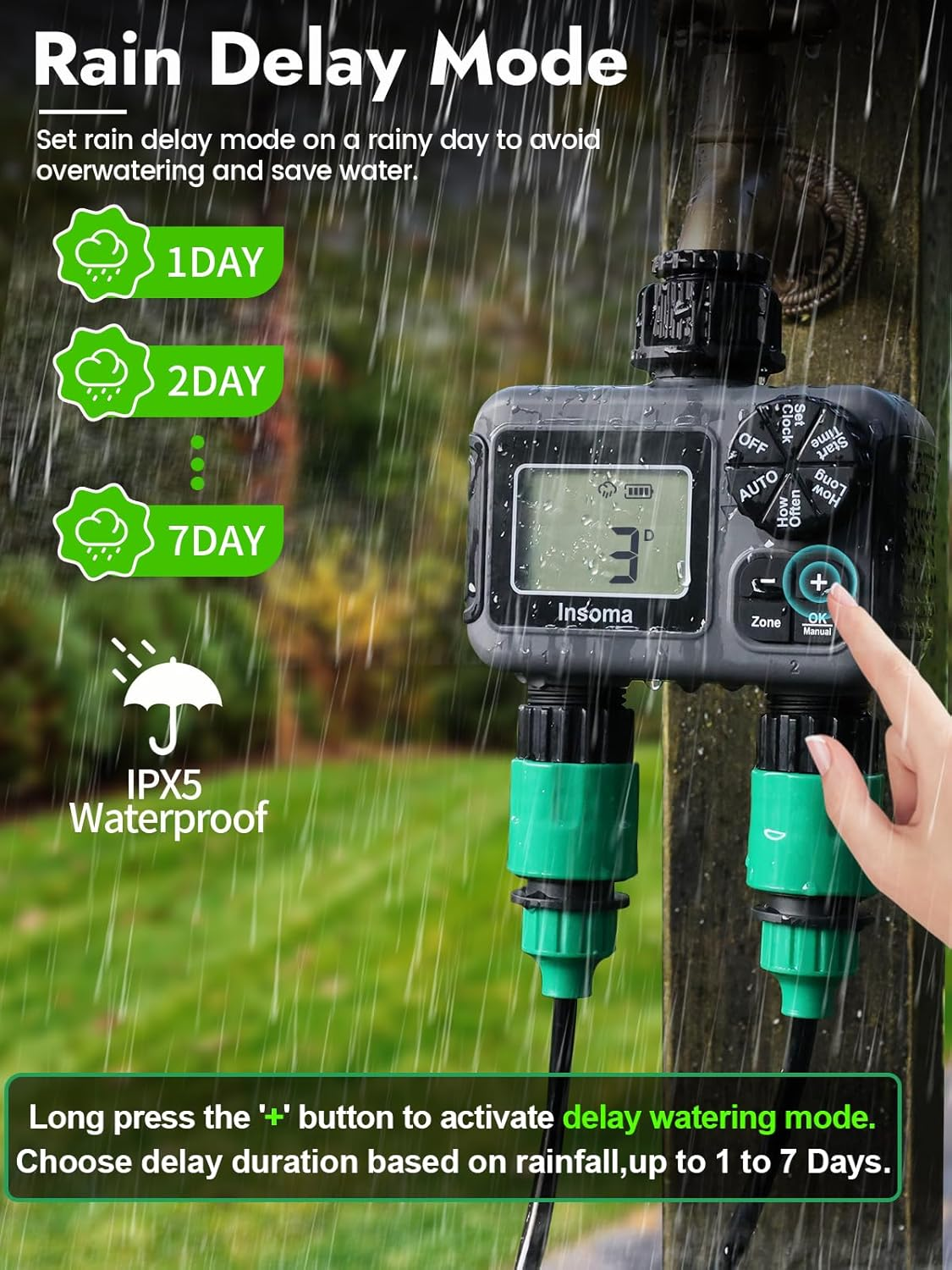 Sprinkler Timer 2 Zone, Insoma Water Timer with Auto/Manual/Rain Delay Irrigation System, Programmable Hose Timer 2 Outlet for Garden Watering, Outdoor Irrigation Timer for Lawn, Yard, Pool image number 6