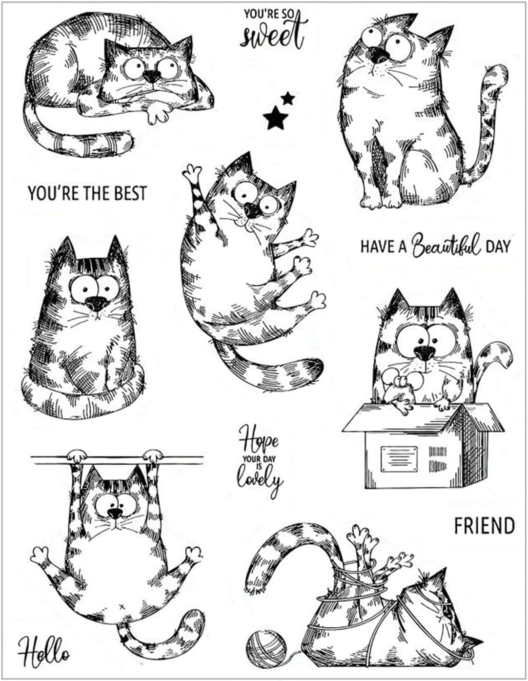Arriettycraft Cute Cat Clear Stamps for Card Making and Journaling, Kitten Pet with Greeting Words Rubber Stamps for Crafts Scrapbooking Journals Albums Decoration