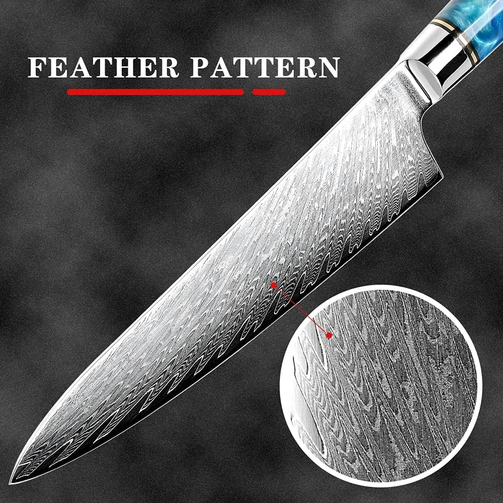 Chef Knife Damascus Japanese 8 Inch VG10 Kitchen Knife 67-Layer Damascus Steel Pro Ergonomic Superb Sharp Edge Gyuto Chef Knife[Gift Box]-Blue Resin Handle