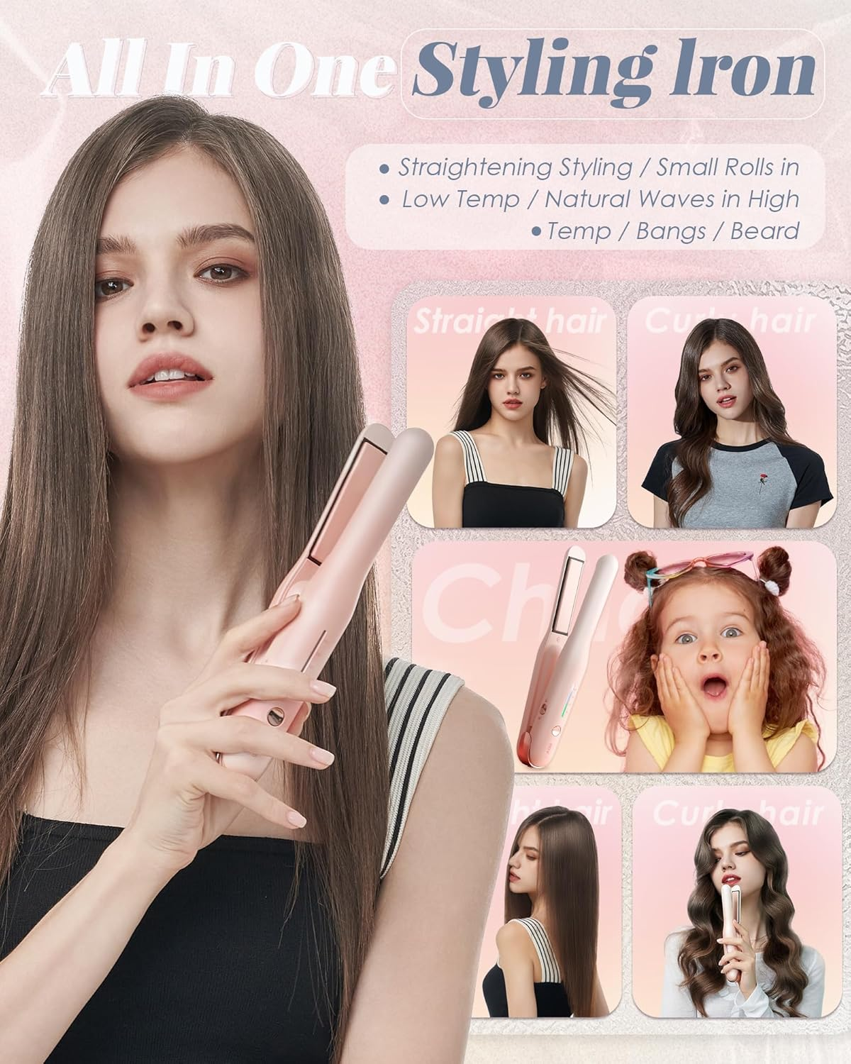 NOVUS 1 Inch Cordless Mini Hair Straightener, Type-C Mini Flat Iron, 2 in 1 Portable Travel Flat Iron & Curling Iron, Fast Heating & 3 Heat Settings, Wireless Ceramic Straightener 4000Ma Battery, Pink image number 1