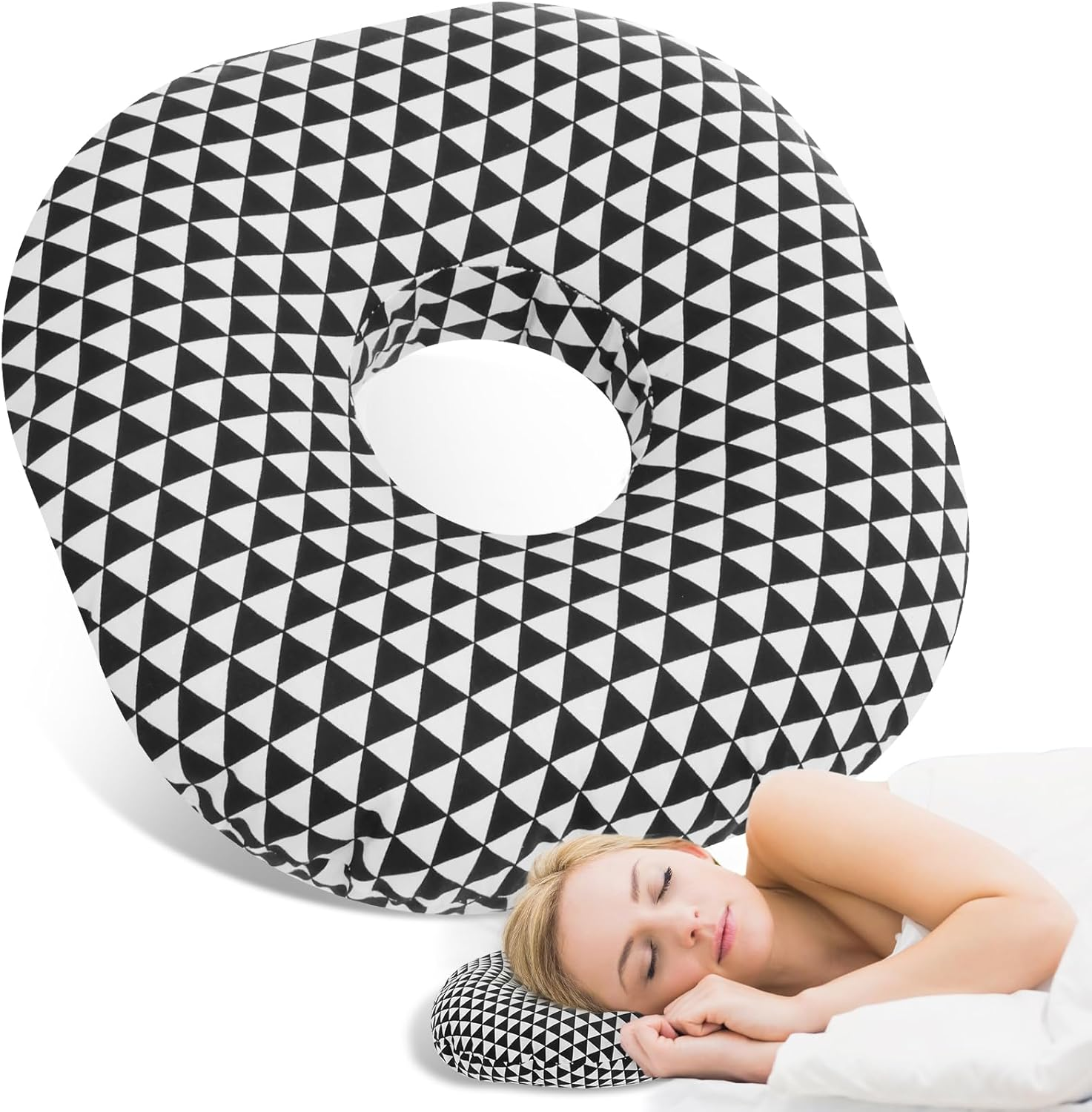 Ear Piercing Pillow Comfortable round Donut Shape Pillow with Ear Hole and Detachable Pillowcase Soft Filling for Side Sleepers.(Black)