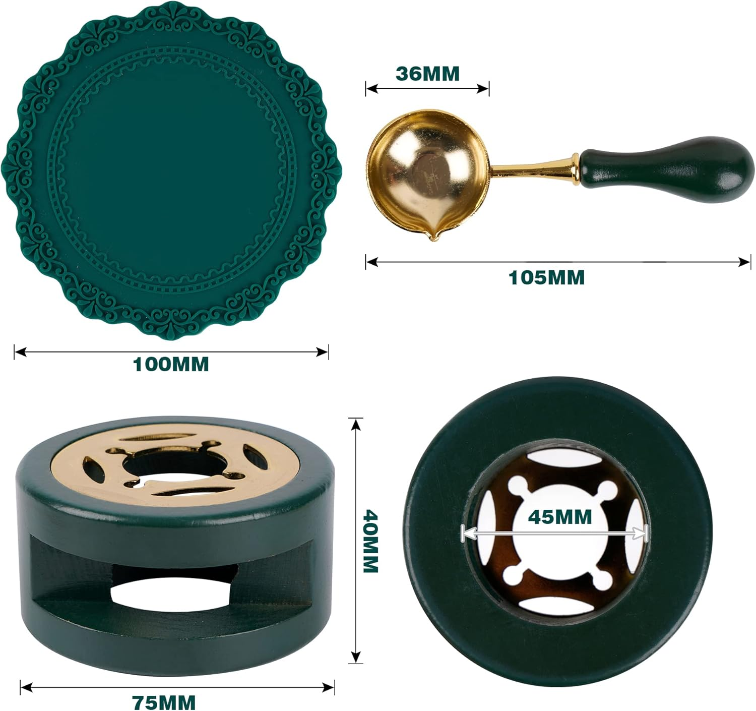 Wax Seal Kit with Furnace, Spoon, and Silicone Pad for Melting Beads or Sealing Sticks (Green)