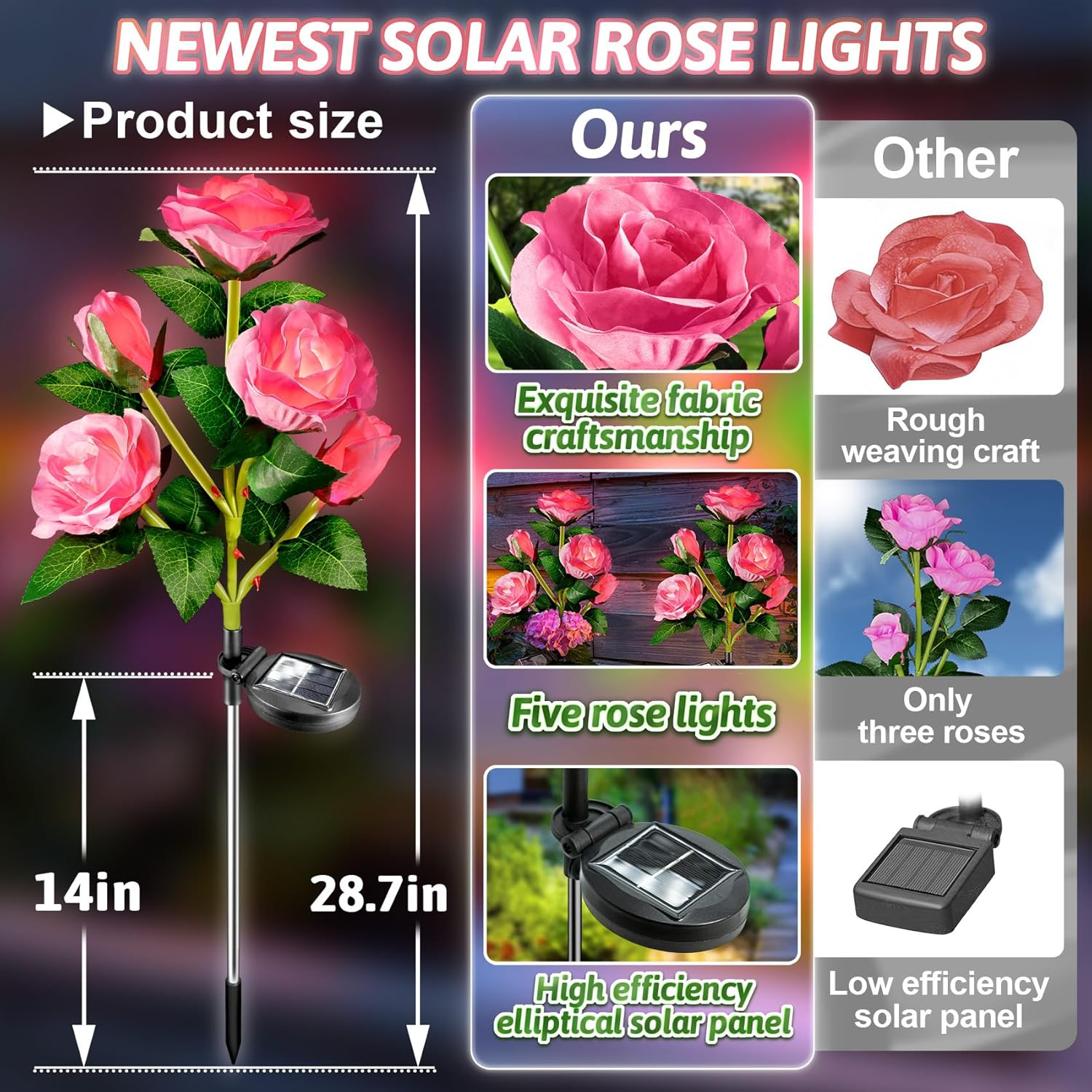 Solar Flowers Lights Garden Outdoor Decor 2 Pack, Waterproof Pink Cemetery Rose for Grave Yard Patio Path Flower Bed Decorotions Outside, Valentines/Mothers Day Birthday Gifts for Mom Women Grandma
