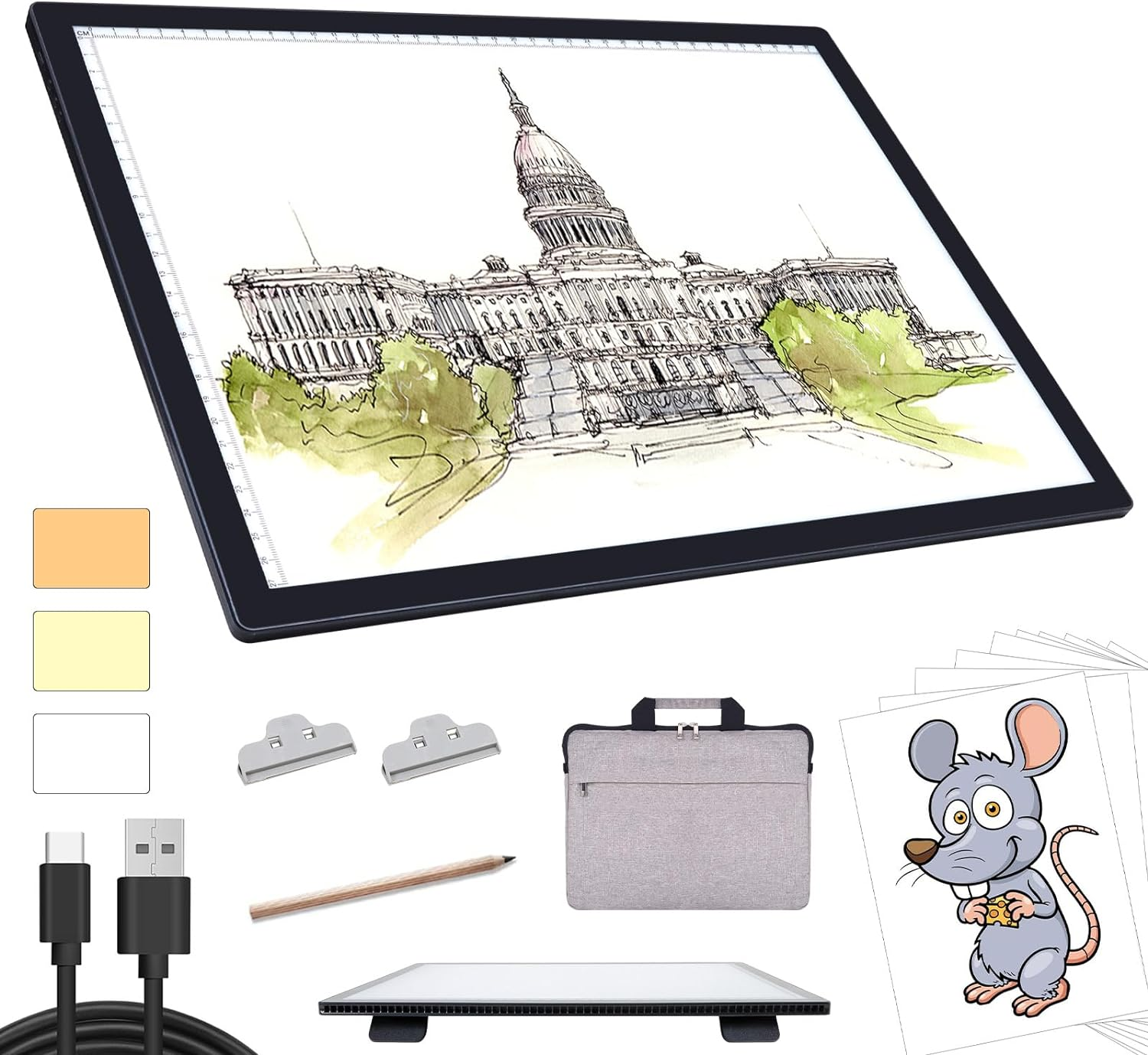 A3 Light Box for Drawing - Portable Battery Powered Light Pad, 3 Colours 6 Levels Brightness Tracing Light Box, Rechargeable LED Light Board for Diamond Painting Weeding Vinyl Drawing