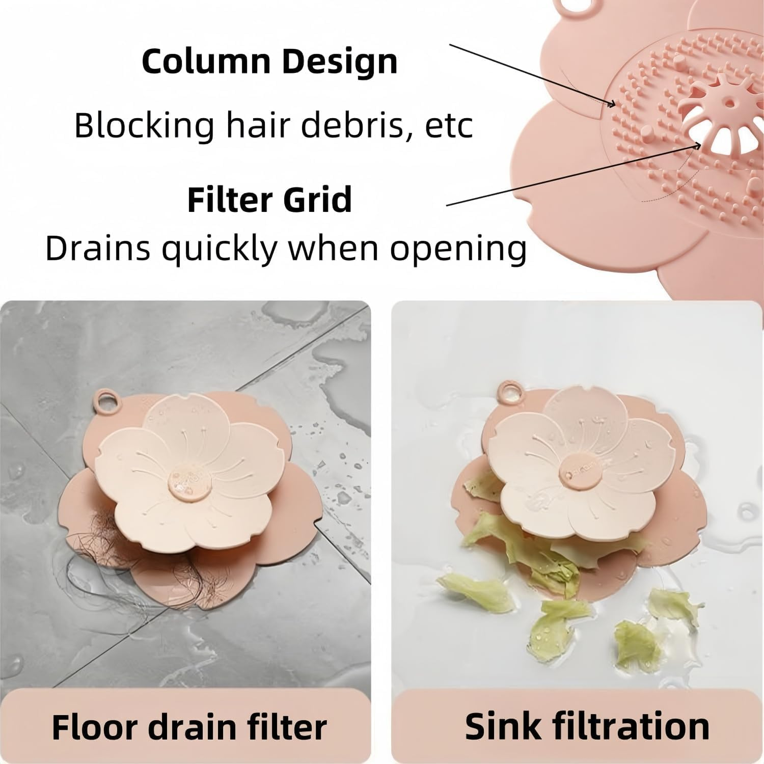 Dual-Use Drain Cover & Stopper with Strainer - Flower Shape Hair Catcher, Pink Silicone for Bathroom & Kitchen Sinks image number 4