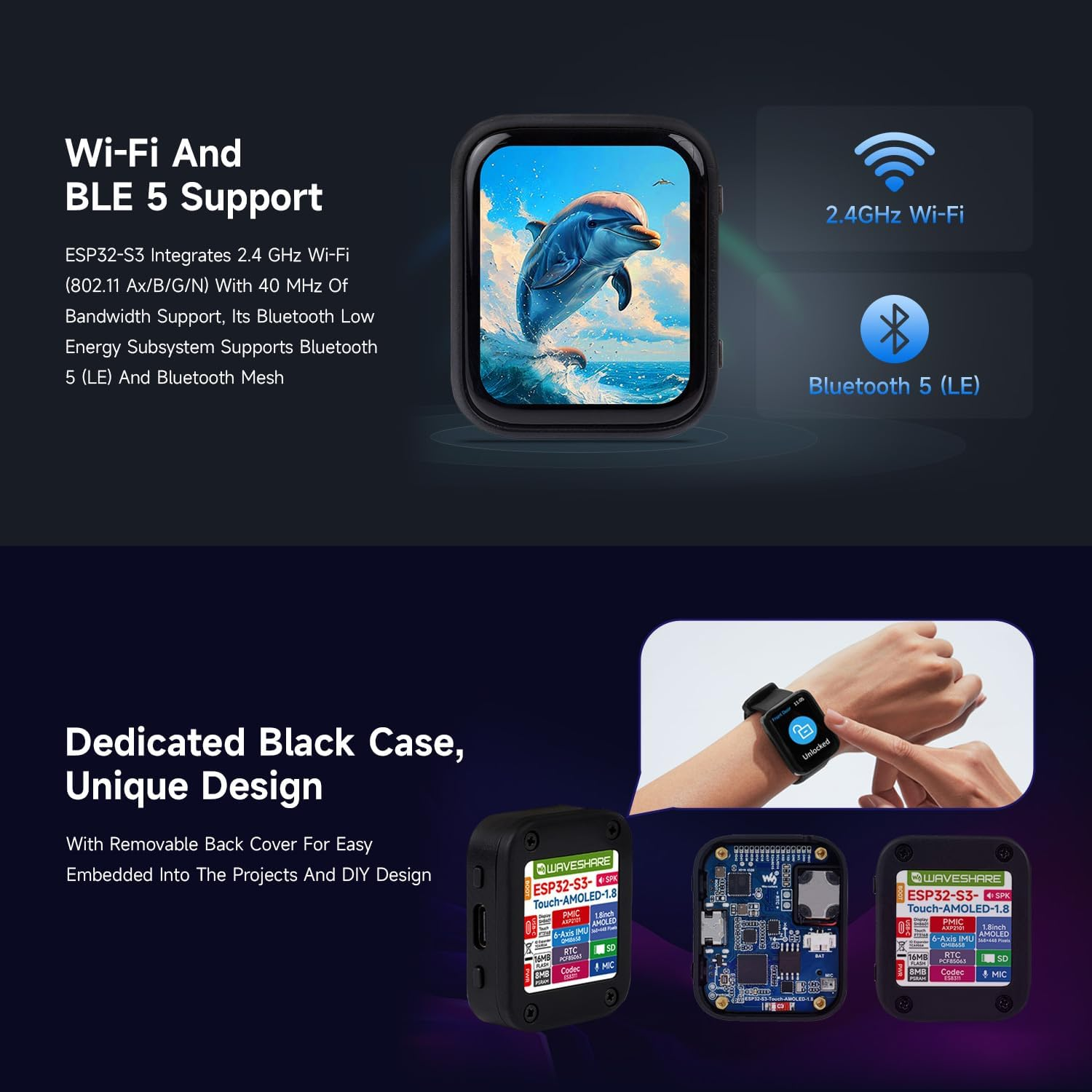 Waveshare ESP32-S3 1.8Inch AMOLED Touch Display, Embedded with SH8601 Display Driver and FT3168 Capacitive Touch Chip, ESP32 with Display,32-Bit LX7 Dual-Core Processor, 368&times;448 Pixels image number 1