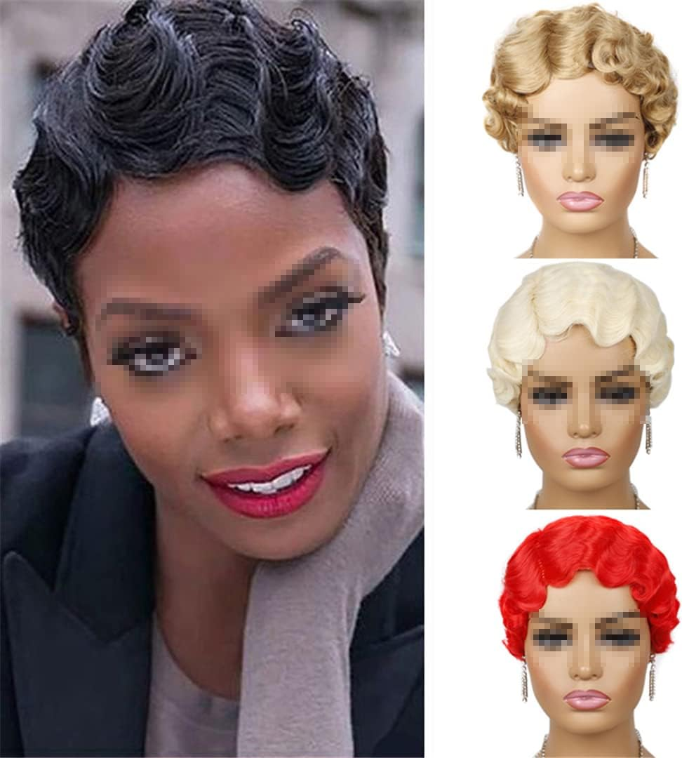 Synthetic Short Retro Cute Wate Wave Wig 6Inch Natural Black Blond Red Cosplay Wigs for Black Women 1B 6Inch image number 5