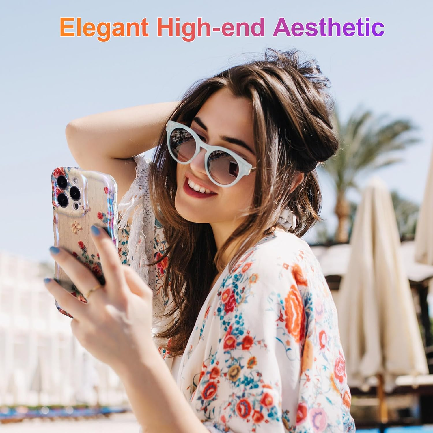 EYZUTAK Case for Iphone 15 Pro, Colorful Retro Oil Painting Printed Flower Laser Glossy Pattern Cute Curly Waves Border Exquisite Phone Cover Stylish Durable TPU Protective Case for Girls Women -Beige image number 4