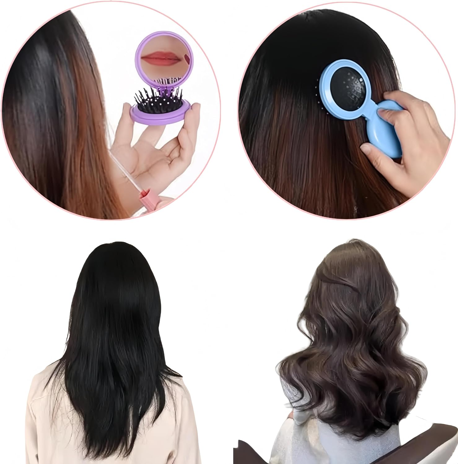 Aknebriax 3 Pack Mini Folding Hair Brush with Mirror, Portable Travel Hairbrush,For Women,Round Pocket Size Pop up Brush,Compact and Elegant Perfect for Carrying in Your Bag(Yellow, Purple, Blue) image number 1