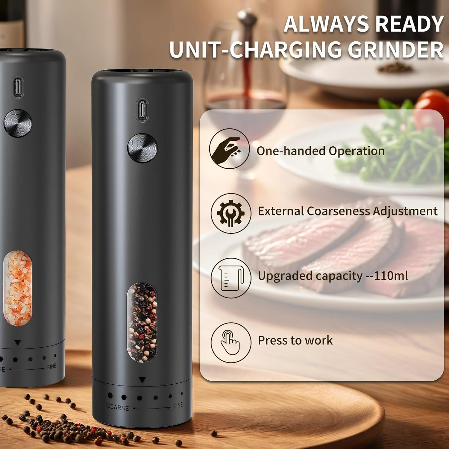 Electric Pepper Grinder Rechargeable, Auto-Grind with 110Ml Container, 6 Levels Adjustable Coarseness, White Led Light and One-Handed Operation, Great for Bbqs, Picnics & Kitchens (2-Pack) image number 1