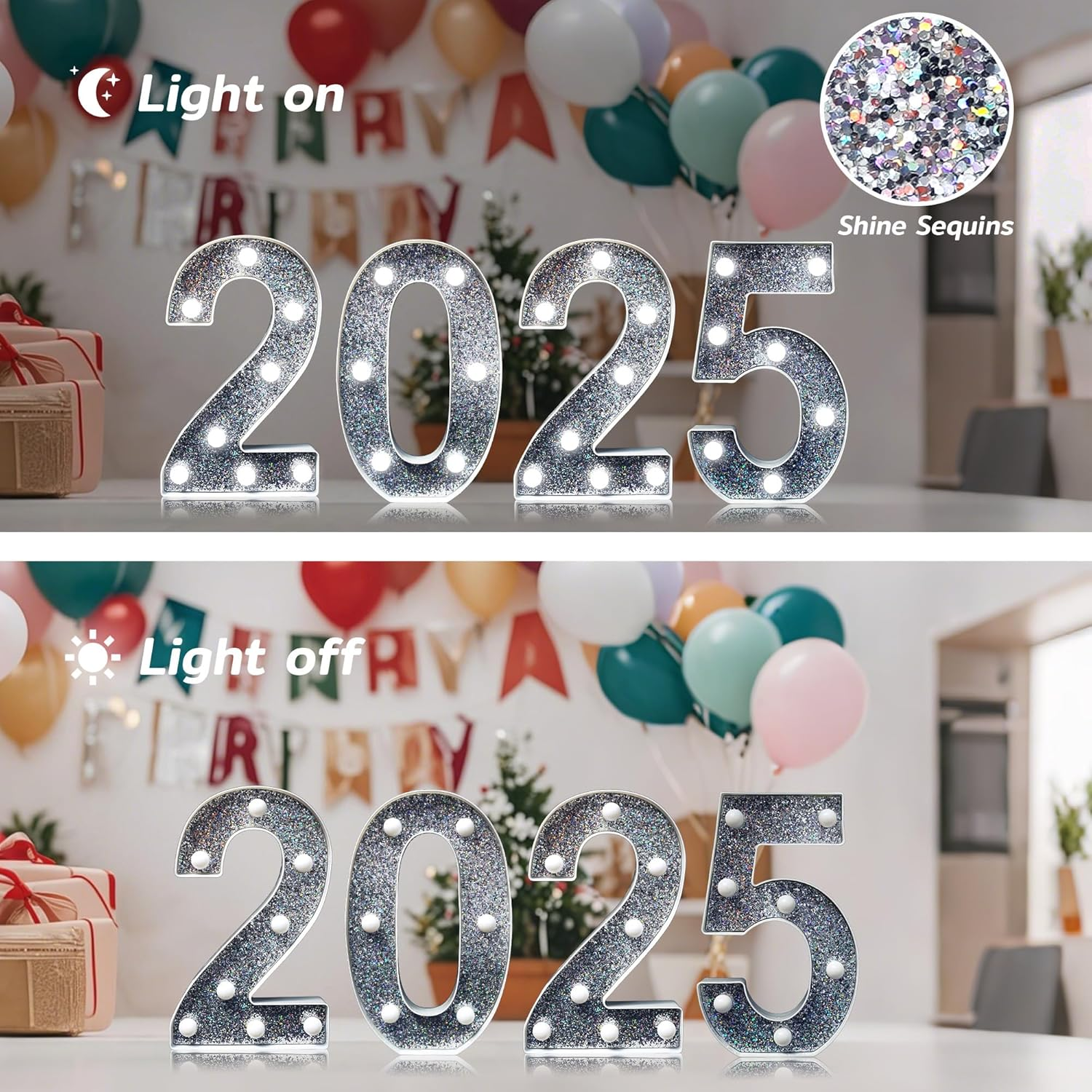 JEMESI LED Number Light - Light up Silver Glitter Number Lights Sign Perfect for Use as a Night Light or at Wedding Birthday Party Home Decoration (Number 6) - Silver image number 5