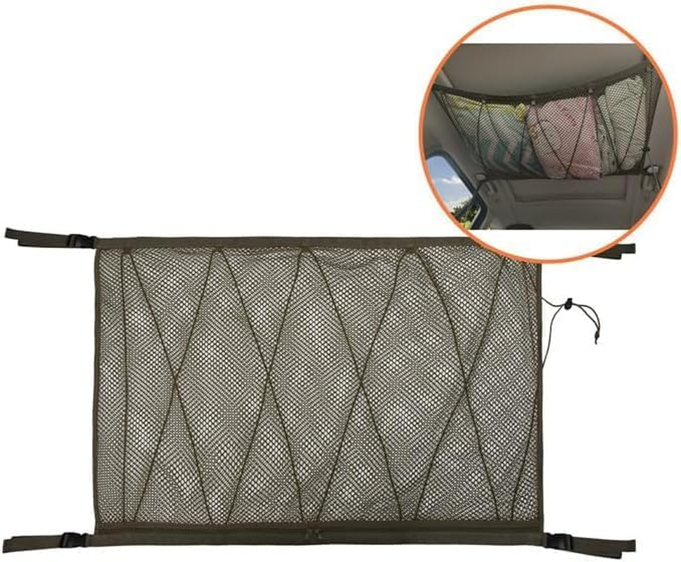90X65Cm Mesh Car Ceiling Cargo Net SUV Ceiling Storage Net Camping Cargo Net for Tent Putting Quilt Towel Sundries Double-Layer Car Organizer Pocket Adjustable Mesh Storage Bag Long Road Trip (KA) image number 1