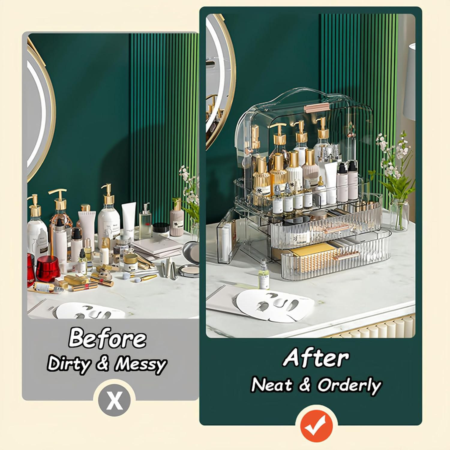 Makeup Organizer, Cosmetics Organizer Box with Double-Layer Drawers, Double-Sided Flap Design, Cosmetics Storage Display Case for Countertop, Dresser, Bedroom, Bathroom image number 6