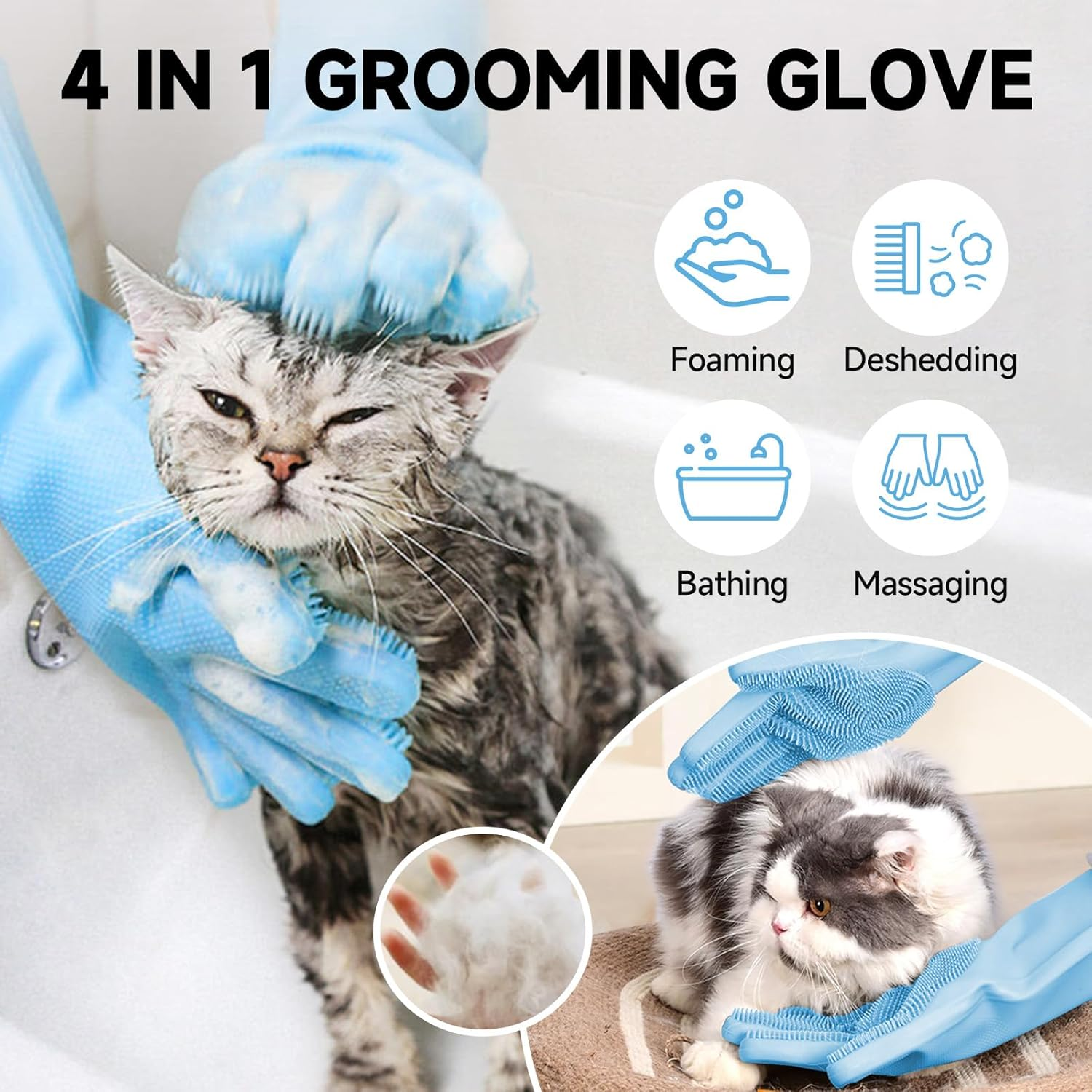 KUEIOX Dog Washing Gloves - Quick Drying Dog Towel,Cat Bath Grooming Gloves Brush with High-Density Teeth for Bathing Massaging，Absorbent Pet Bath Towel 30.3"X13.8" with Hand Pocket for Dog Cat (Blue)