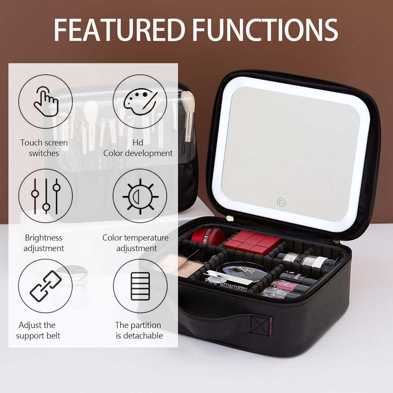 Travel Cosmetic Case with LED with Mirror 3 Color Adjustable, Waterproof Cosmetic Case Dresser Rechargeable, Travel Cosmetic Bag for Business Trip，Cosmetics Organizer. (Rose). image number 4