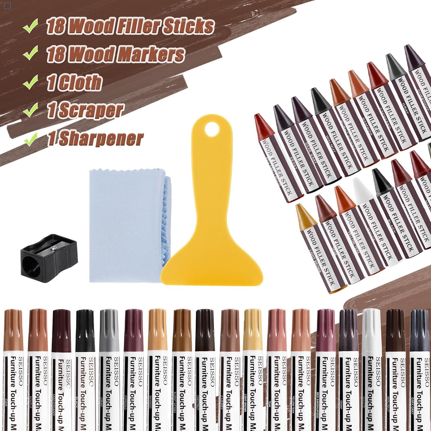 SEISSO 18 Colors Wood Filler Sticks ＆ Wood Markers Furniture Repair Kit - Set of 39 - Wood Floor Scratch Repair, Furniture Markers Touch up Restore Wood Floors, Tables, Holes, Laminate, Carpenters image number 3
