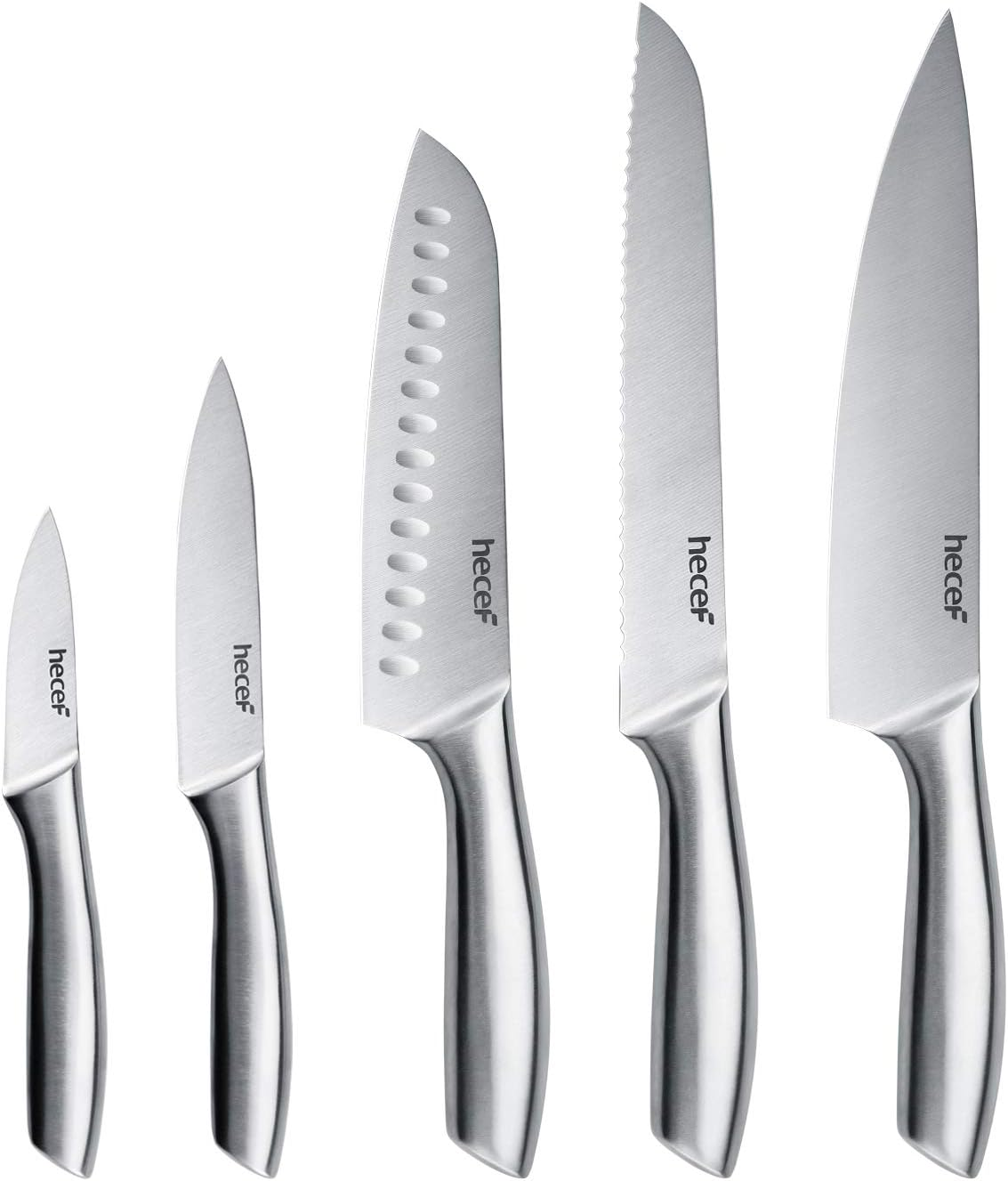 Hecef Silver Kitchen Knife Set of 5, Satin Finish Blade with Hollow Handle, Includes 8" Chef, 8" Bread, 8" Santoku, 5" Utility and 3.5" Paring Knife image number 5