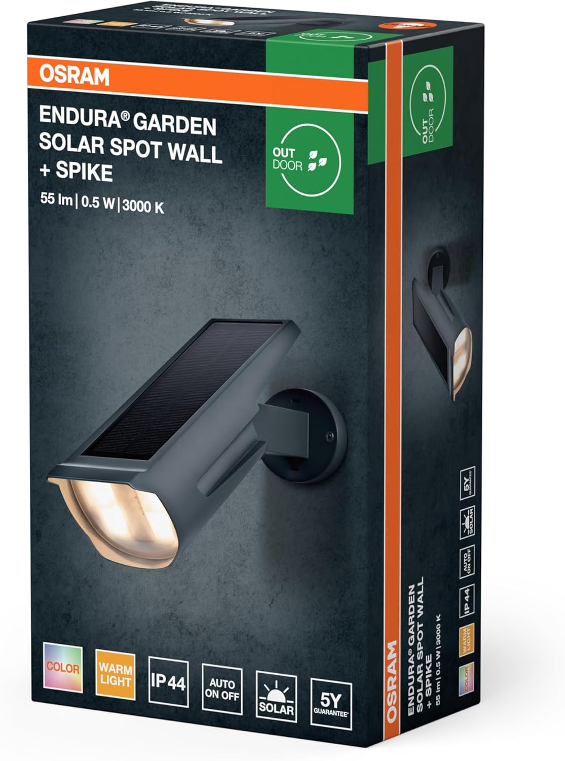 OSRAM Solar Spot RGB & Warm White with Ground Spike and Wall Mount Daylight Sensor IP44 Protection Solar Powered Spotlight for Garden Patio image number 4