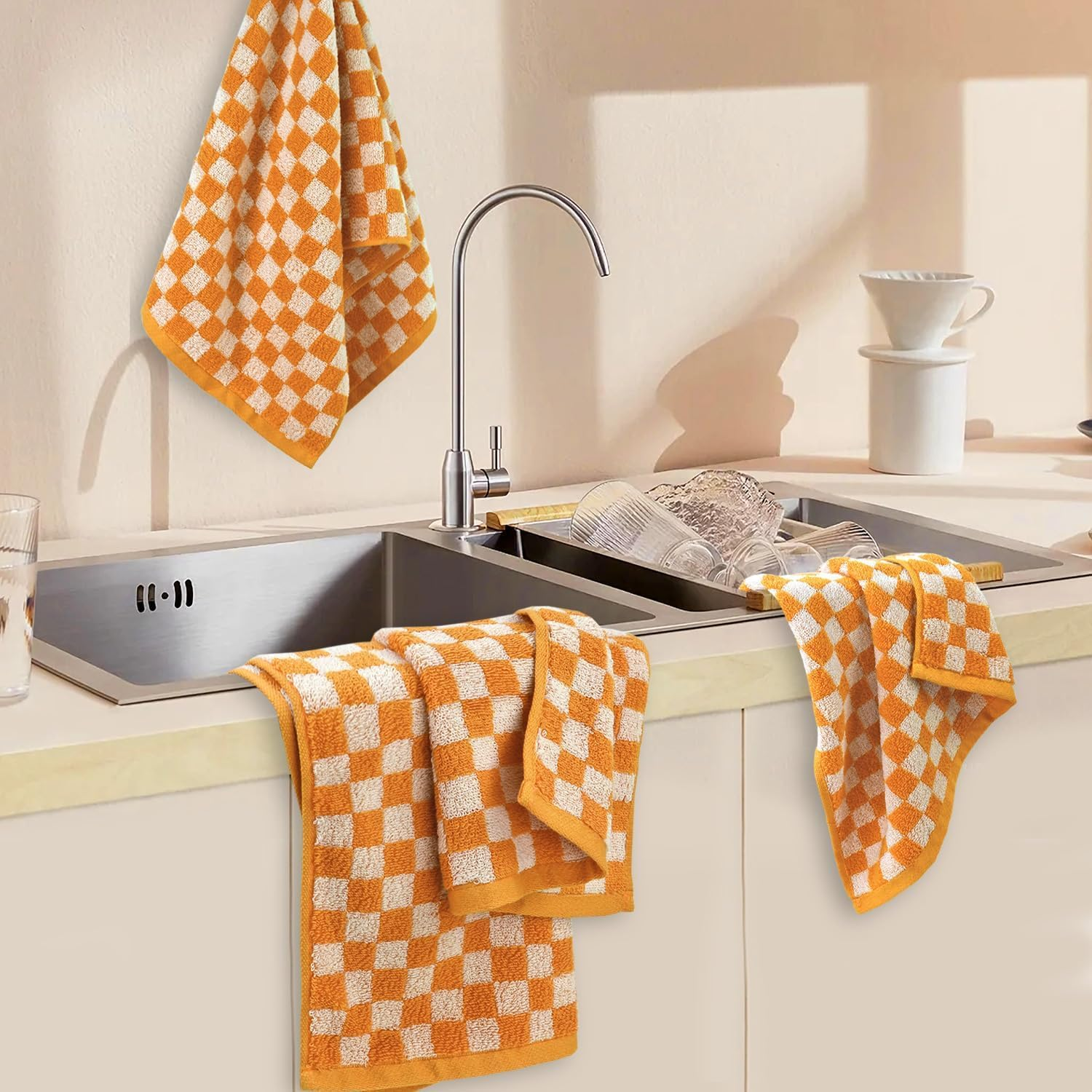 Jacquotha Soft Hand Towels 4 Pack, Orange Checkered Face Towel Set for Bathroom Kitchen, Fall Decorative Towel 13X29 Inches - Green image number 5