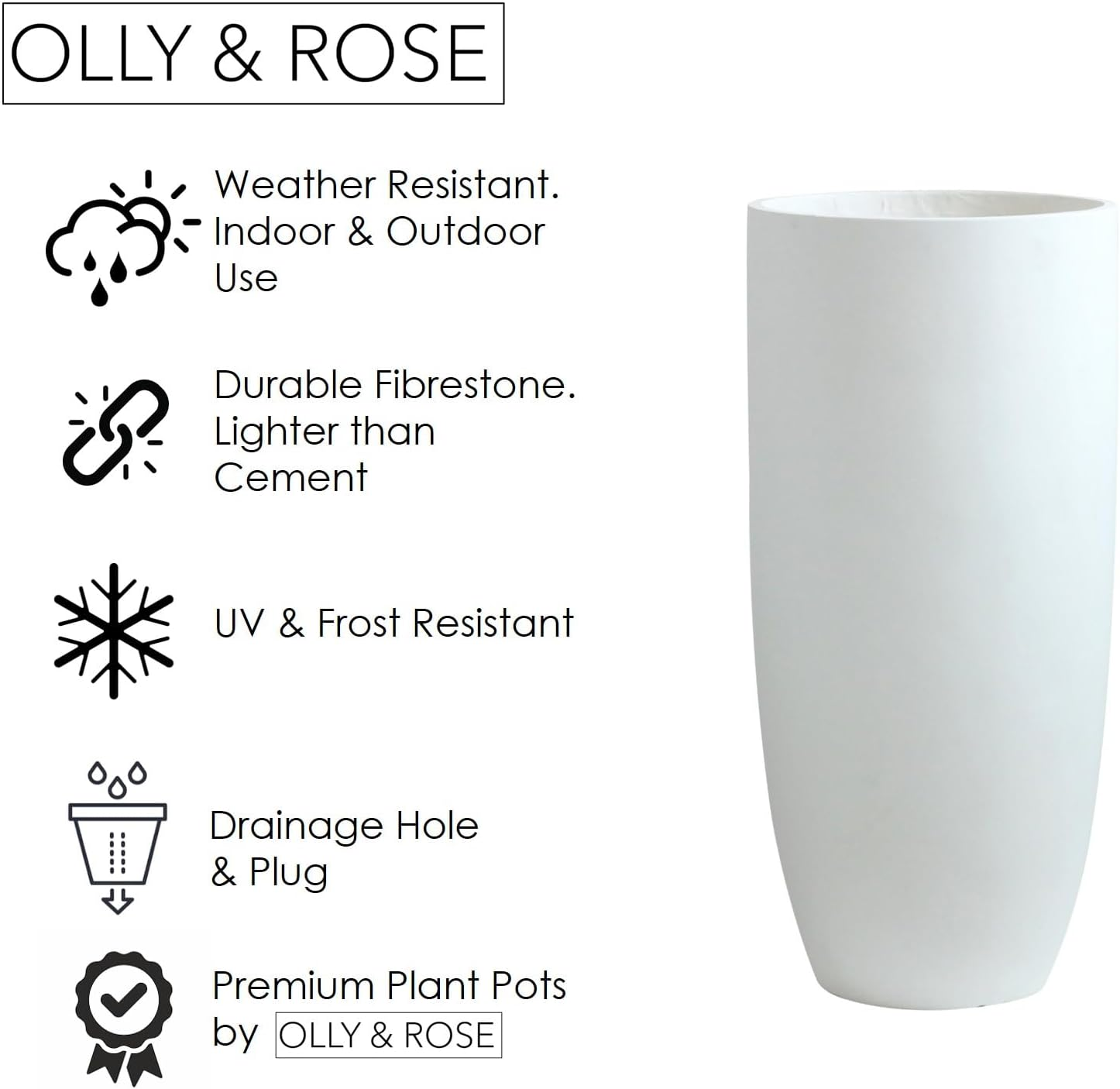 Olly & Rose Matt White Tall Planter - Fibre Planter 65Cm Height 30Cm Diameter
